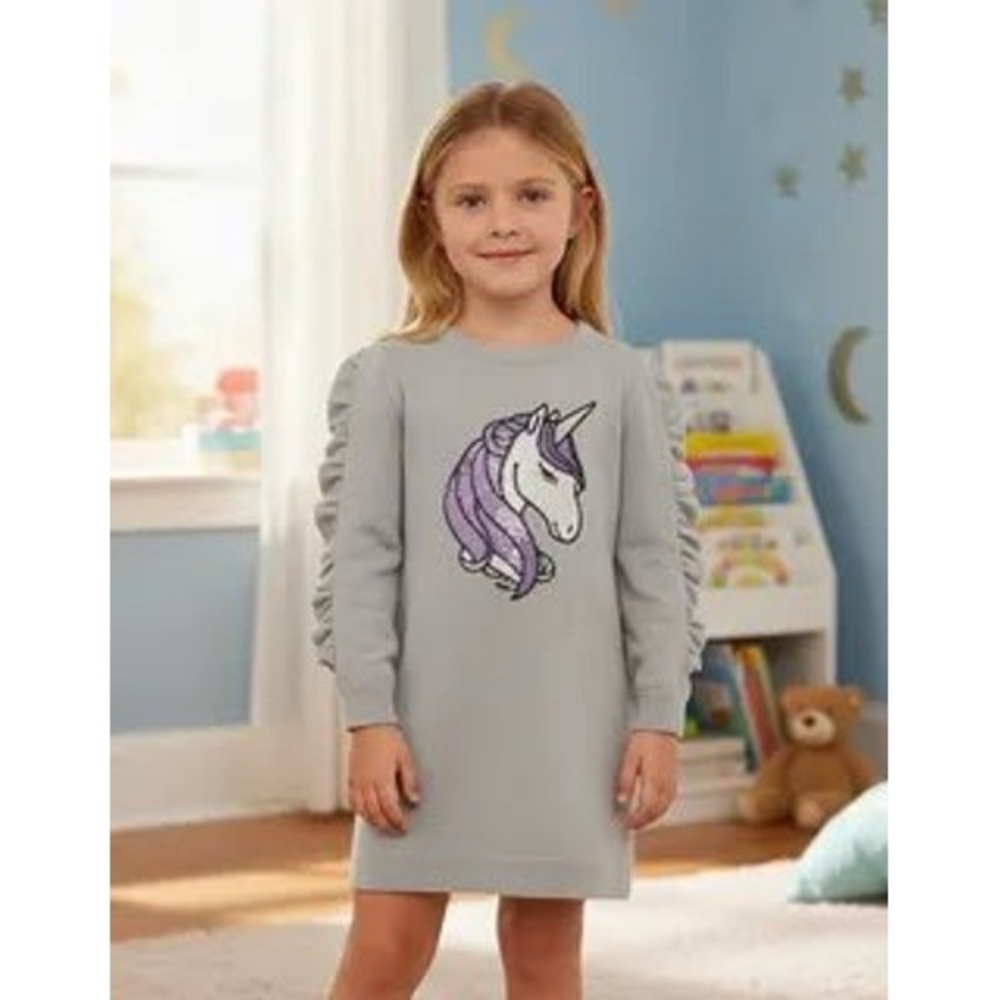 (A2) Btween Girls Gray Sequin Unicorn Ruffle Sleeve Sweater Dress Size 8